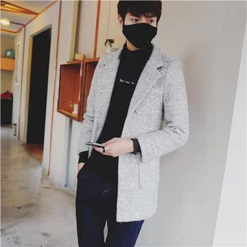 2015冬装新款韩版潮流混色中长款男士西装外套休闲风衣呢料大衣