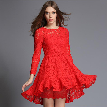 2016春装baby明星同款不规则大摆修身显瘦气质红色蕾丝连衣裙礼服