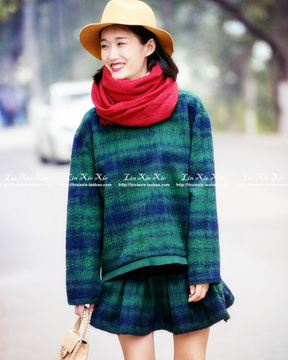 秋冬新 韩国专柜森女复古绿色格子宽松长袖卫衣短裙毛呢套装女