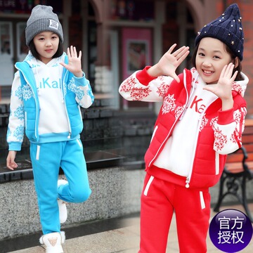 精品女童套装 中大童2015潮韩版休闲运动冬装加厚雪花卫衣三件套