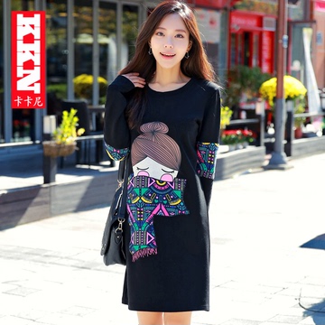 2015冬季新款女装韩国直筒修身卡通人物套头针织打底衫女中长款潮