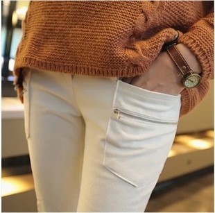 2015韩版秋款小脚长裤弹力紧身铅笔裤女白色打底裤可外穿拉链装饰