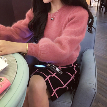 2015冬季新品韩版大码貂绒马海毛圆领套头针织打底衫灯笼袖毛衣女