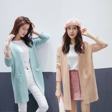 2016秋装新款韩国代购针织开衫女显瘦外搭中长款长袖学生毛衣外套
