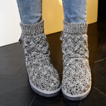 韩版新款冬季平跟女靴磨砂皮毛线雪地靴真皮靴子女短靴