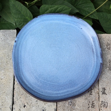 粗陶餐盘/欧式日式粗陶餐具/浅平盘8.6寸西餐盘盘子/创意挂盘蓝色