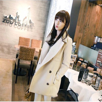 2015韩版新款学院风白色毛呢西服女外套中长款羊毛呢子大衣短外套