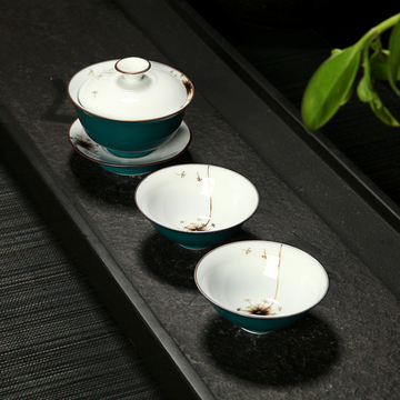 功夫茶具小套组 一盖碗两杯 旅行便携茶具泡茶器陶瓷特色茶器