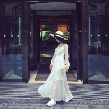 2015夏季新款韩版气质收腰名媛蕾丝长裙两件套超仙白色防晒裙潮