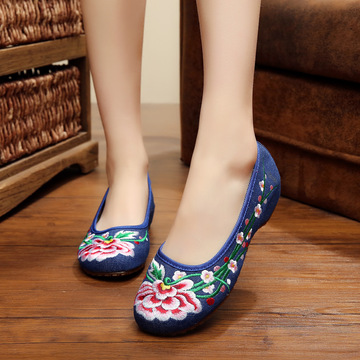 老北京布鞋女鞋坡跟内增高蓝色布鞋平跟绣花鞋工作鞋舞蹈鞋妈妈鞋