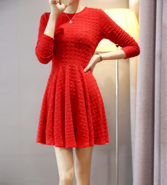 新款韩国 秋季红色针织连衣裙长袖女显瘦气质小香风a字裙
