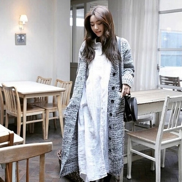2016秋冬新款韩版中长款毛衣外套 女装显瘦加厚宽松针织超长开衫