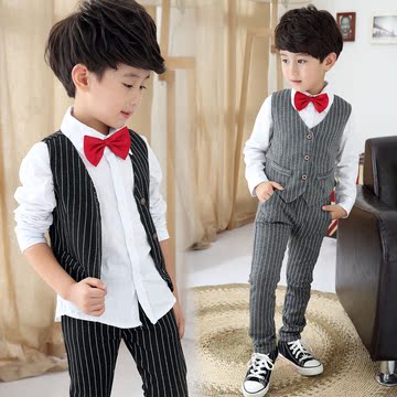 韩版套装2015秋季中大童男童竖条夹克衬衣三件套 时尚休闲套装