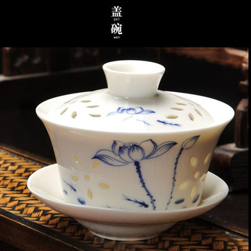 景德镇青花玲珑镂空盖碗陶瓷三才盖碗茶杯茶备高白瓷茶碗特价包邮