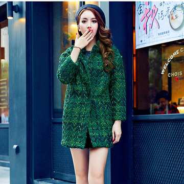 韩版立领2015女士绿色保暖毛呢外套中长款粗花呢加厚宽松格子大衣