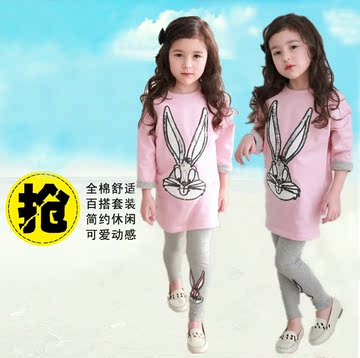 2015新款童装秋装女童卡通纯棉休闲套头长袖卫衣打底裤两件套装