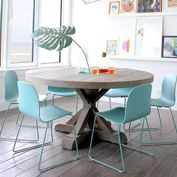 美式乡村纯实木餐桌 创意纯木圆桌子欧式多功能家具复古休闲桌椅