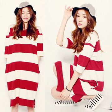 2015pink夏季新款韩版睡裙纯棉宽松大版加长红白条纹女家居服睡衣