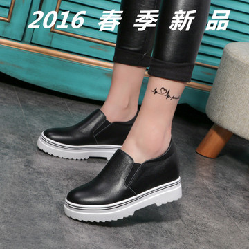 2016春季新款韩版真皮女鞋内增高坡跟低帮鞋套脚厚底松糕鞋懒人鞋