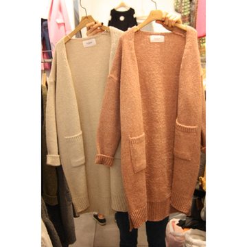 韩国东大门代购女装2015年冬款V领大口袋纯色无扣中长款毛衣外套
