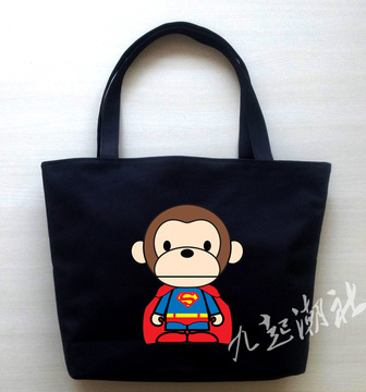 原宿潮牌可爱猴子超人蝙蝠侠男女单肩手提帆布包环保袋 手提袋
