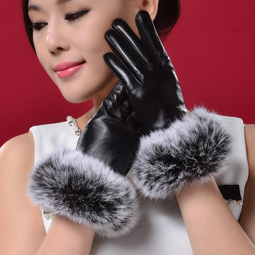 彩色莲皮手套女可爱兔毛口秋冬季女士短款加厚保暖时尚韩版皮手套