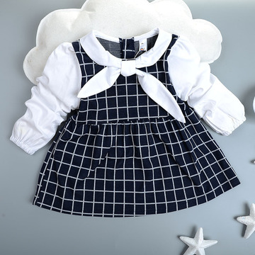 童装韩版秋款小童女宝宝格子假两件拼接纯棉长袖连衣裙学院公主裙