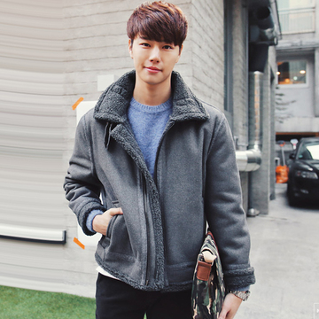 韩国代购男装羊毛夹克外套加绒加厚男士青年修身冬季长袖短款学生