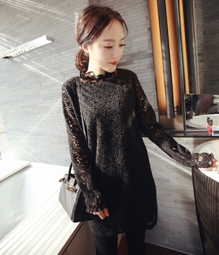 于momo定制 2015韩版女装新款水溶蕾丝长袖连衣裙宽松显瘦Q5340