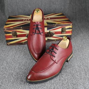 时尚韩版尖头小皮鞋潮流低帮鞋男式英伦内增高发型师红色新郎婚鞋