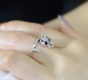 复古开口猫925银男女情侣戒指 创意可爱个性尾戒 潮人食指指环