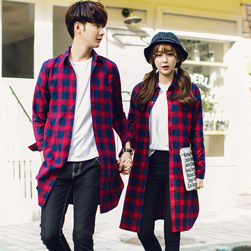 韩国情侣装秋季时尚潮格子衬衫中长款男女衬衣长袖学生开衫外套潮