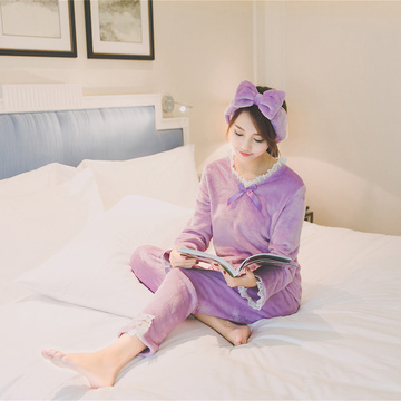女士睡衣秋冬季长袖加厚珊瑚绒法兰绒套头甜美可爱韩版家居服套装