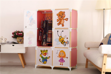卡通实木架小朋友衣柜 塑料魔片宝宝分格衣橱 儿童带门组合收纳柜