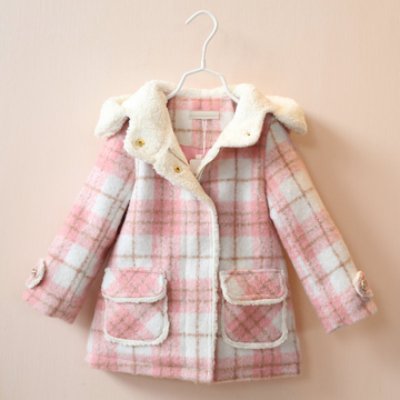 2015冬季新款童装女童羊羔绒连帽格子呢大衣外套儿童韩版棉袄棉衣