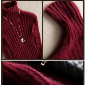 2015秋冬高领羊绒衫女毛衣套头中长款打底衫长袖 针织坑条貂绒衫