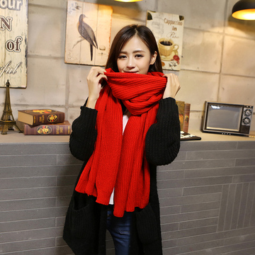 韩版女士秋冬季针织加厚毛线围巾 纯色大红色学生情侣套头围脖