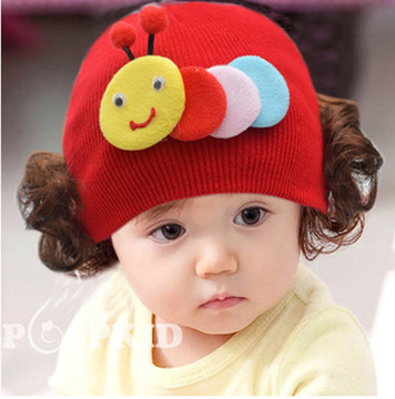 韩版 秋冬新款宝宝帽 婴儿毛线帽 儿童帽子 假发帽子
