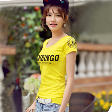 2015新款韩版短袖t恤女紧身百搭春夏装印花半袖上衣纯色打底小衫