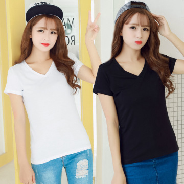 春装人气女装修身黑色白色纯色常规短袖韩版青春T恤简单款中学生