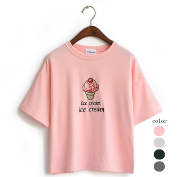 韩版t恤女装2015夏季粉色冰激凌印花纯棉圆领宽松大码女上衣