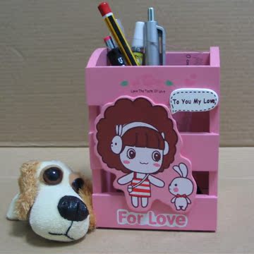 木质笔筒 摩丝女孩 方形红色 笔插 笔座可爱时尚创意文具 送孩子