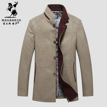 米贝斯保罗 品牌男式商务休闲单排扣时尚立领羊毛呢子大衣中长款