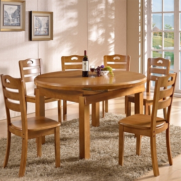 实木餐桌椅组合6人可伸缩折叠原木圆形桌橡木餐桌1.38米吃饭桌子
