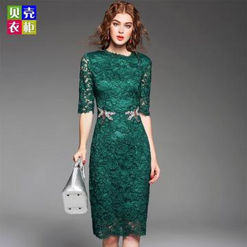 欧美大牌秋季新款五分袖礼服裙 钉钻立体贴花 镂空绿色蕾丝连衣裙