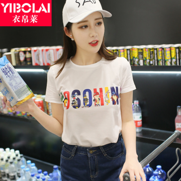 新款2016夏季韩版宽松圆领彩色印花短袖白T恤女字母全棉大码学生