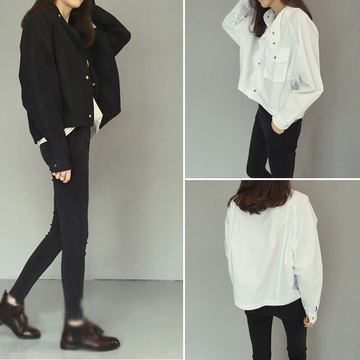 2016新品韩版宽松蝙蝠袖摁扣帅气短款黑白纯色小风衣外套BF风包邮
