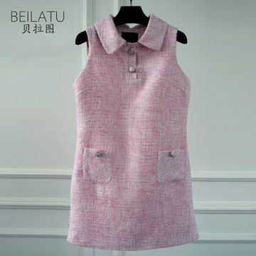 贝拉图2015新款修身显瘦粉色无袖毛呢连衣裙