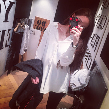 春装新款韩版女装雪纺麻拼接袖子设计款简单衬衫中长款衬衣白色