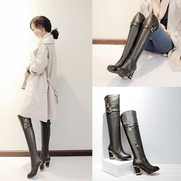 冬季新款圆头高跟过膝长靴粗跟性感品牌高筒靴子韩版骑士靴女皮靴